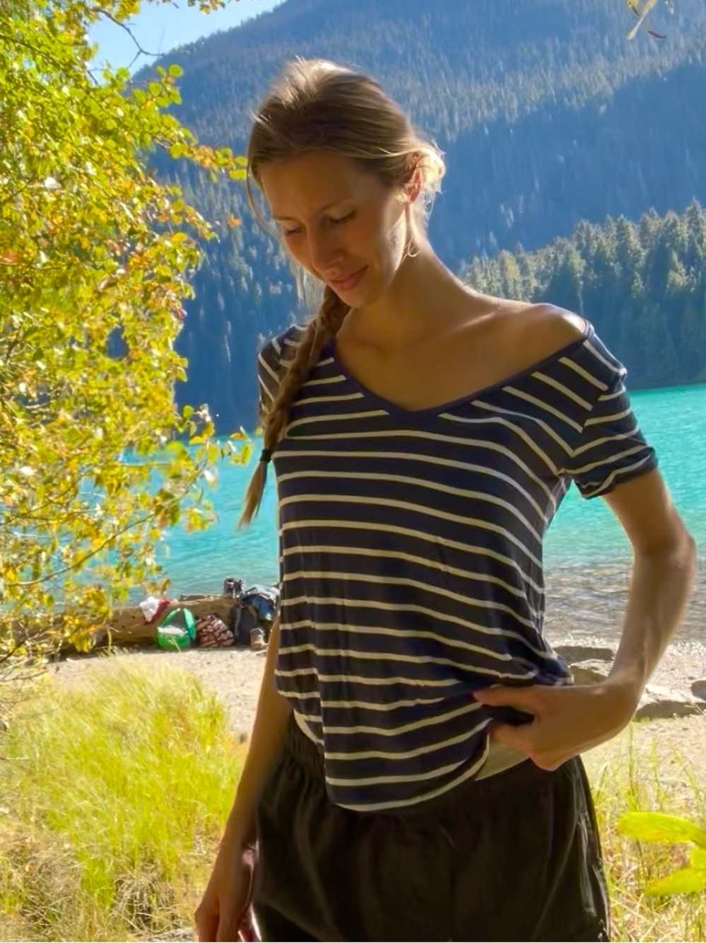 Striped Off-Shoulder Women's Top in Navy and White